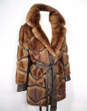 Load image into Gallery viewer, 70s Vintage Mink Leather Coat --Honey Mink Brown Leather Geometric Patchwork S/M