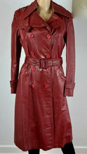 Load image into Gallery viewer, Leather Coat Spy Trench Belted Fit and Flare Deep Red Small Small Hardware Double Breasted Petite