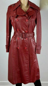 Leather Coat Spy Trench Belted Fit and Flare Deep Red Small Small Hardware Double Breasted Petite