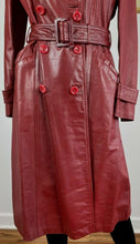 Load image into Gallery viewer, Leather Coat Spy Trench Belted Fit and Flare Deep Red Small Small Hardware Double Breasted Petite