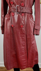 Leather Coat Spy Trench Belted Fit and Flare Deep Red Small Small Hardware Double Breasted Petite