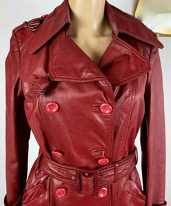 Leather Coat Spy Trench Belted Fit and Flare Deep Red Small Small Hardware Double Breasted Petite