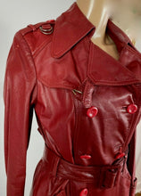 Load image into Gallery viewer, Leather Coat Spy Trench Belted Fit and Flare Deep Red Small Small Hardware Double Breasted Petite