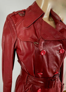 Leather Coat Spy Trench Belted Fit and Flare Deep Red Small Small Hardware Double Breasted Petite