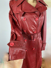 Load image into Gallery viewer, Leather Coat Spy Trench Belted Fit and Flare Deep Red Small Small Hardware Double Breasted Petite