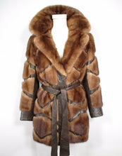 Load image into Gallery viewer, 70s Vintage Mink Leather Coat --Honey Mink Brown Leather Geometric Patchwork S/M