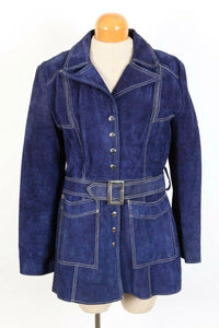 Vintage Women's Coat --70s Purple Blue Suede Jacket Coat Belted Tailored Small to medium Boho